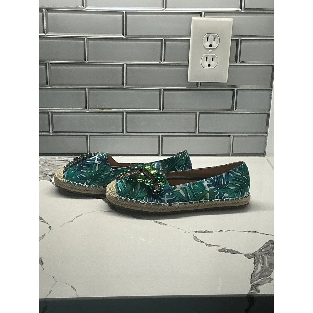 ESPI Flats Espadrille Slides Green Multi Leaf Print Embellished Size‎ 10